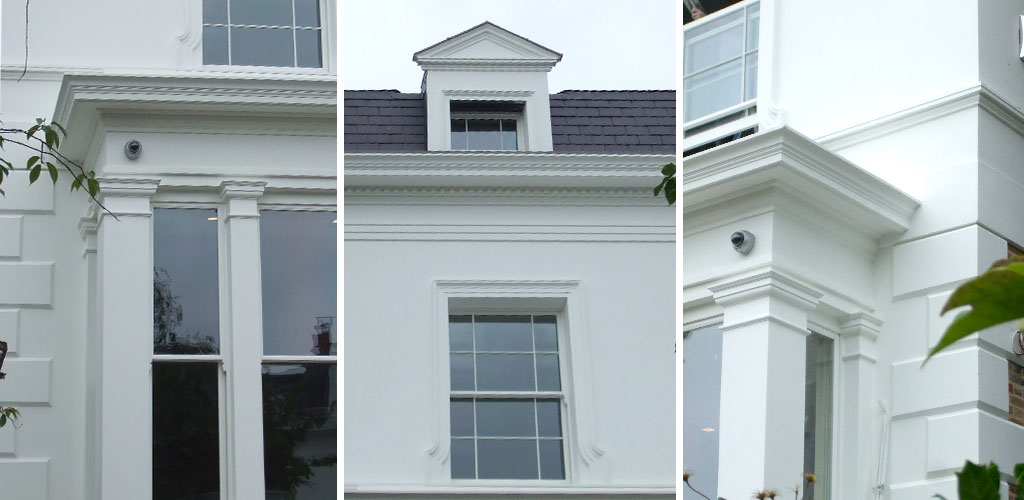 Complete exterior replaced, pediments, Dental Block cornice 16m long, Portico, Porch with columns and ballustrade, Window Pilasters, Quoins, Bottle ballustrade